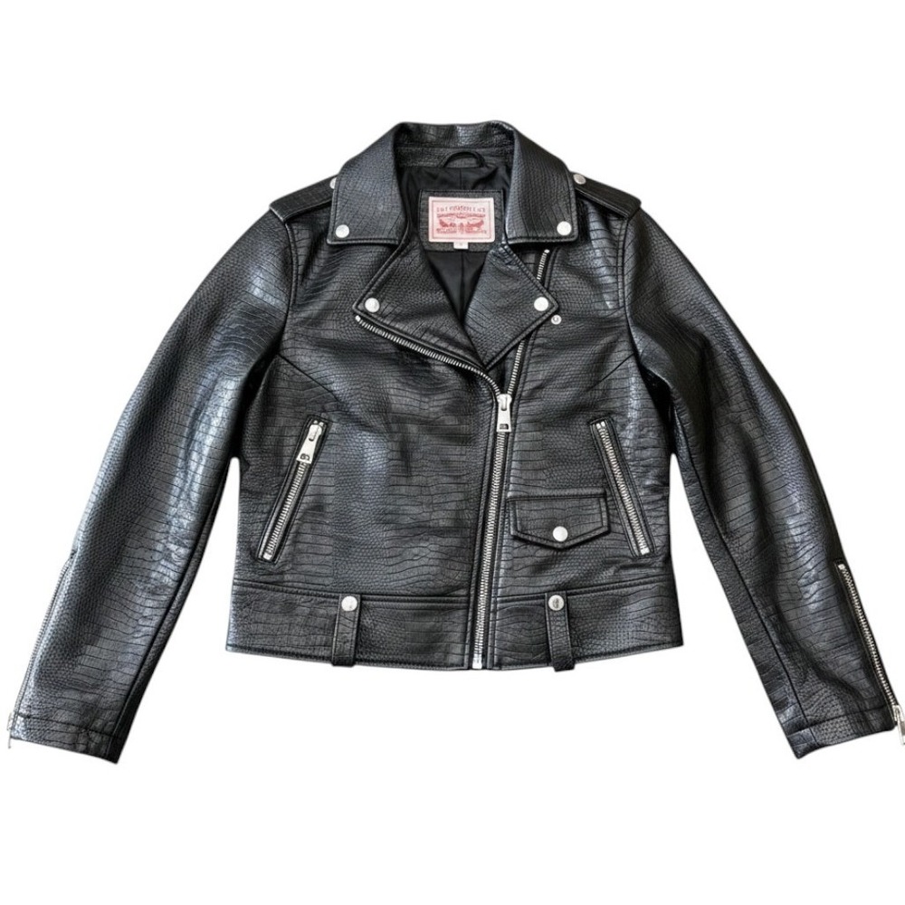 Levis Womens Faux Crocodile Embossed Leather Moto Biker Jacket Black Size Small